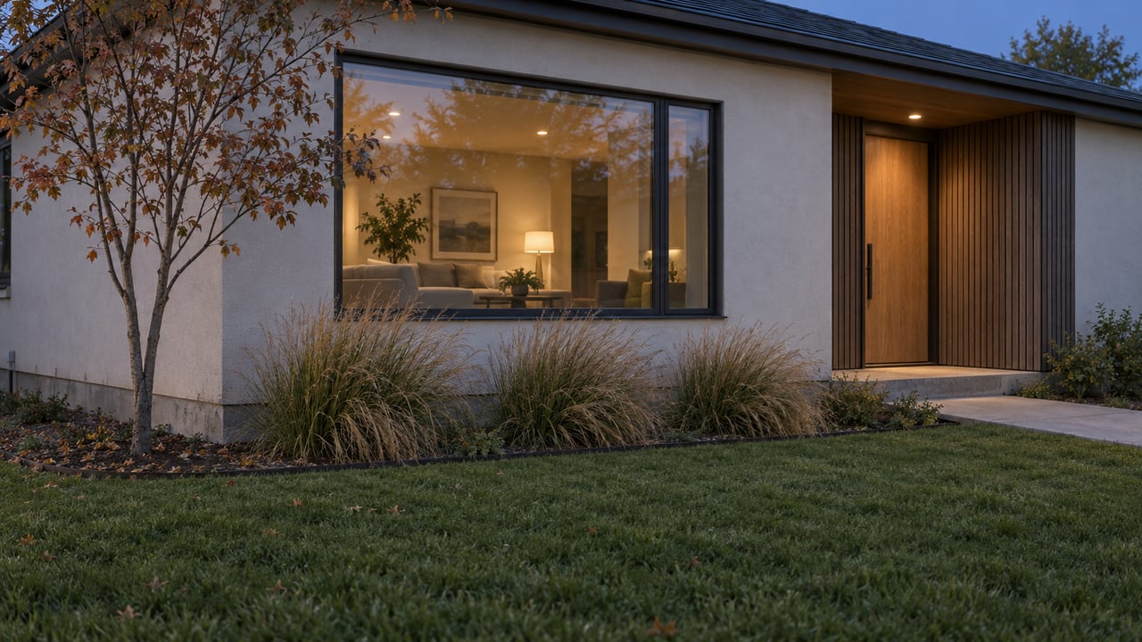 Suburban house with an ash-slat entry, broad lit window, serviceberry tree, and prairie grasses at dusk.