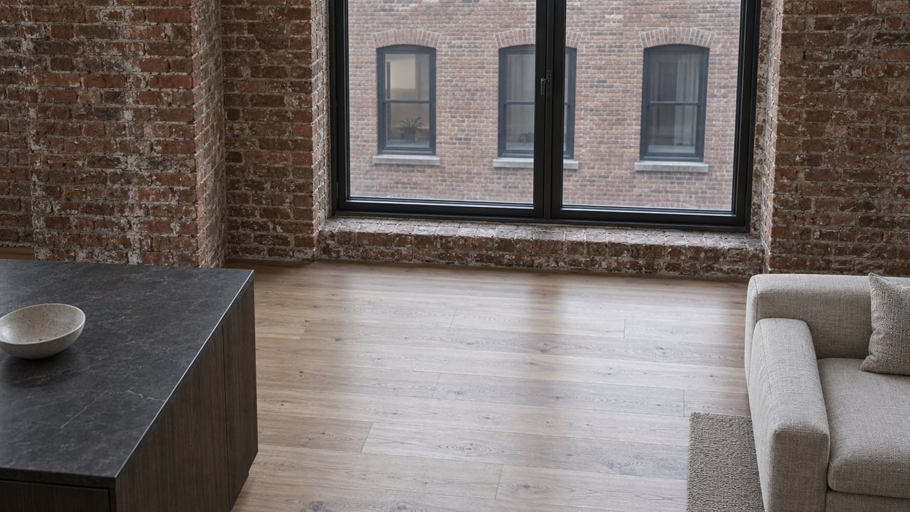 Loft living room with a tall black steel-framed window, exposed brick, pale oak floors, stone island, and low sofa.