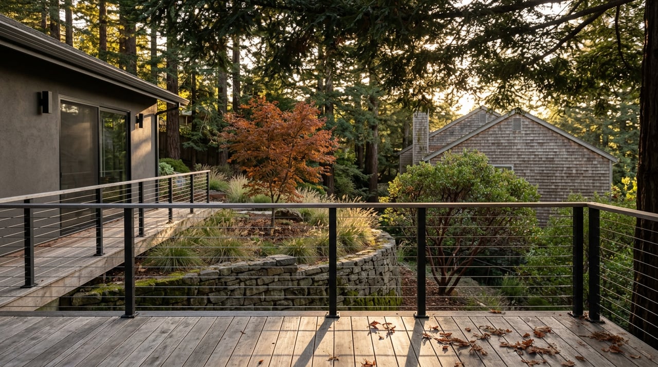 Redwood-shaded hillside deck with cable railing, fallen maple leaves, and a russet Japanese maple below.