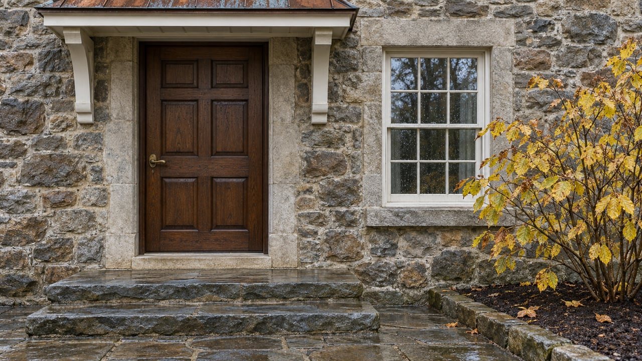 Rain-darkened fieldstone entrance with a walnut door, white sash window, sandstone steps, and yellow witch-hazel leaves.