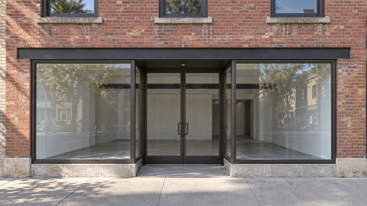 Compact brick storefront with two upper windows, flanking glass panes, and recessed double doors.