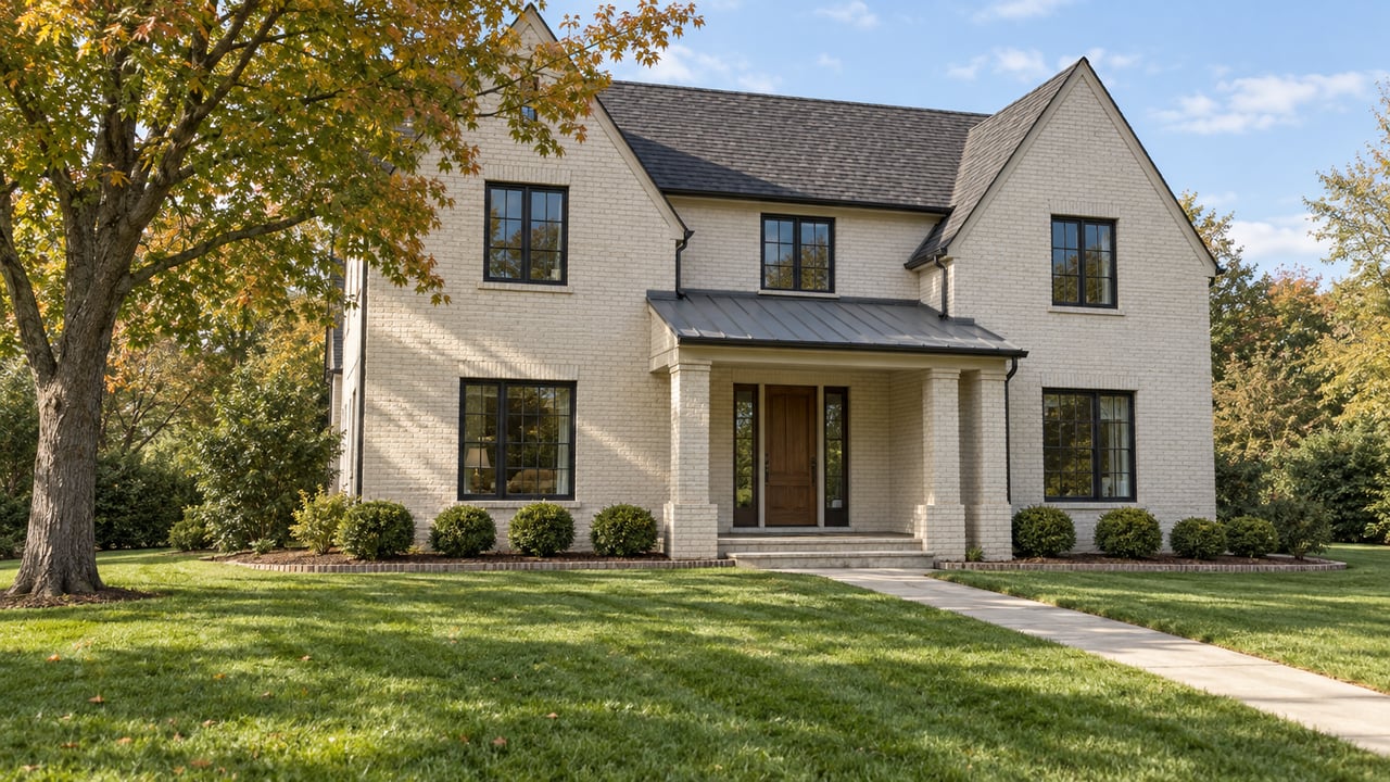 Daylight across a deep green lawn leading to an ivory brick home with dark gables, limestone entry steps and a mature maple.