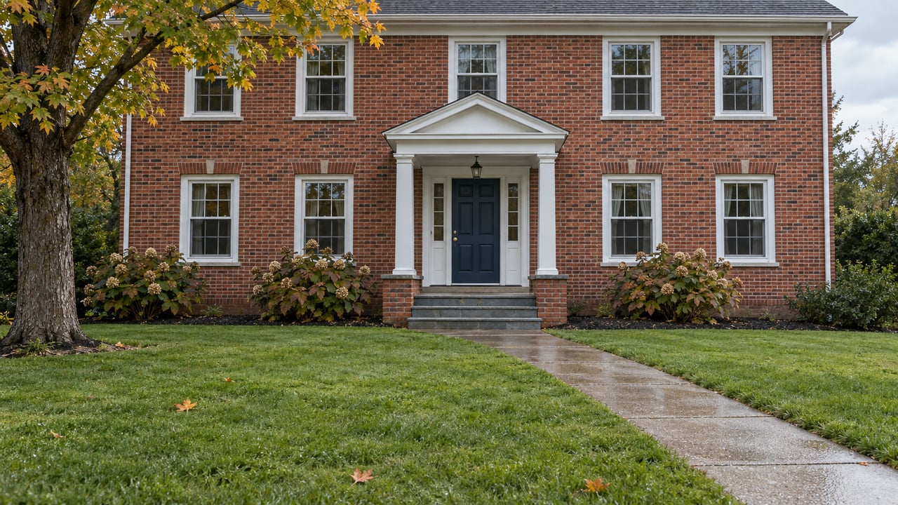 Established two-story red-brick home with white trim, a blue front door, broad lawn and a stone entry beneath a mature maple.