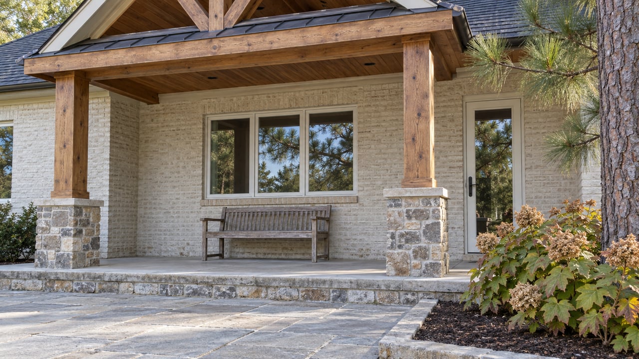 Covered brick front porch with timber beams, stone columns, a wooden bench, and a paved walkway.