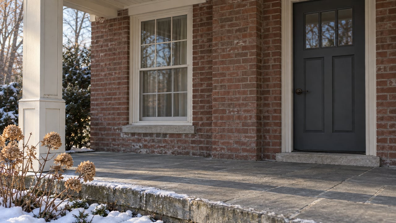 Winter light crosses a stone porch beside a red-brown brick entry, cream-trimmed window and charcoal door, with snow along the raised edge.