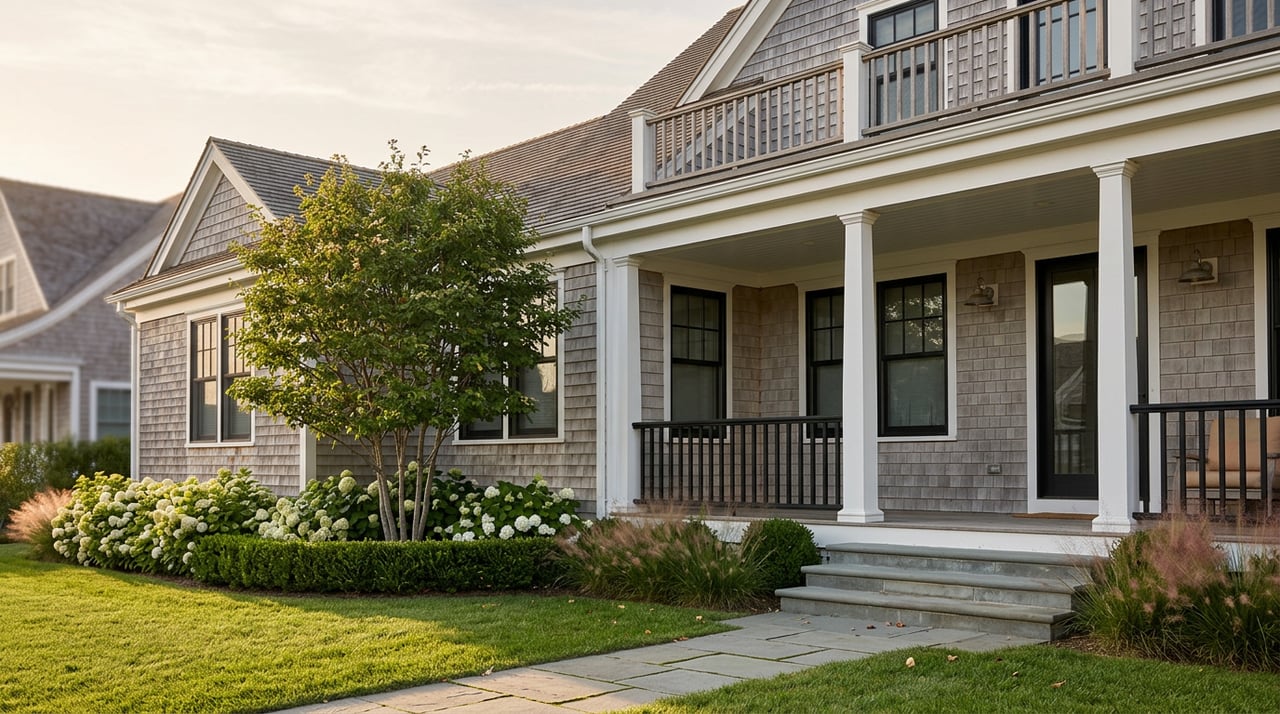 Coastal shingle home with a covered porch, upper balcony, bluestone walkway, and serviceberry tree in warm afternoon light.