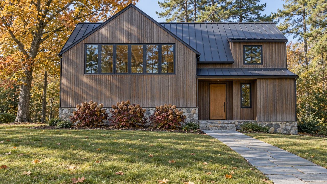 Timber-clad contemporary home with a granite foundation, broad front lawn and autumn maple beside a stone approach.
