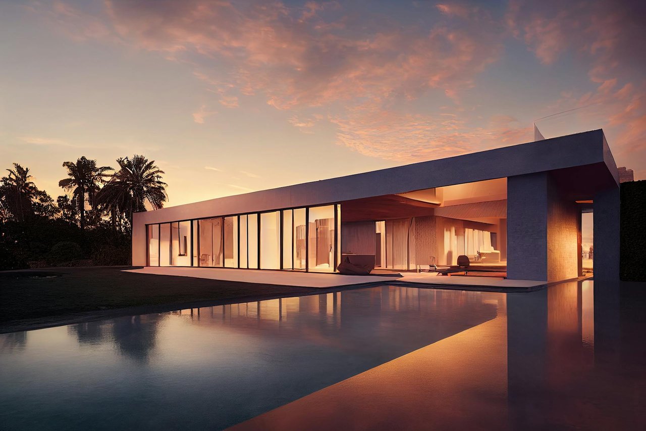 Minimalist luxury villa with floor-to-ceiling glass walls, reflecting pool, and modern architecture at suns