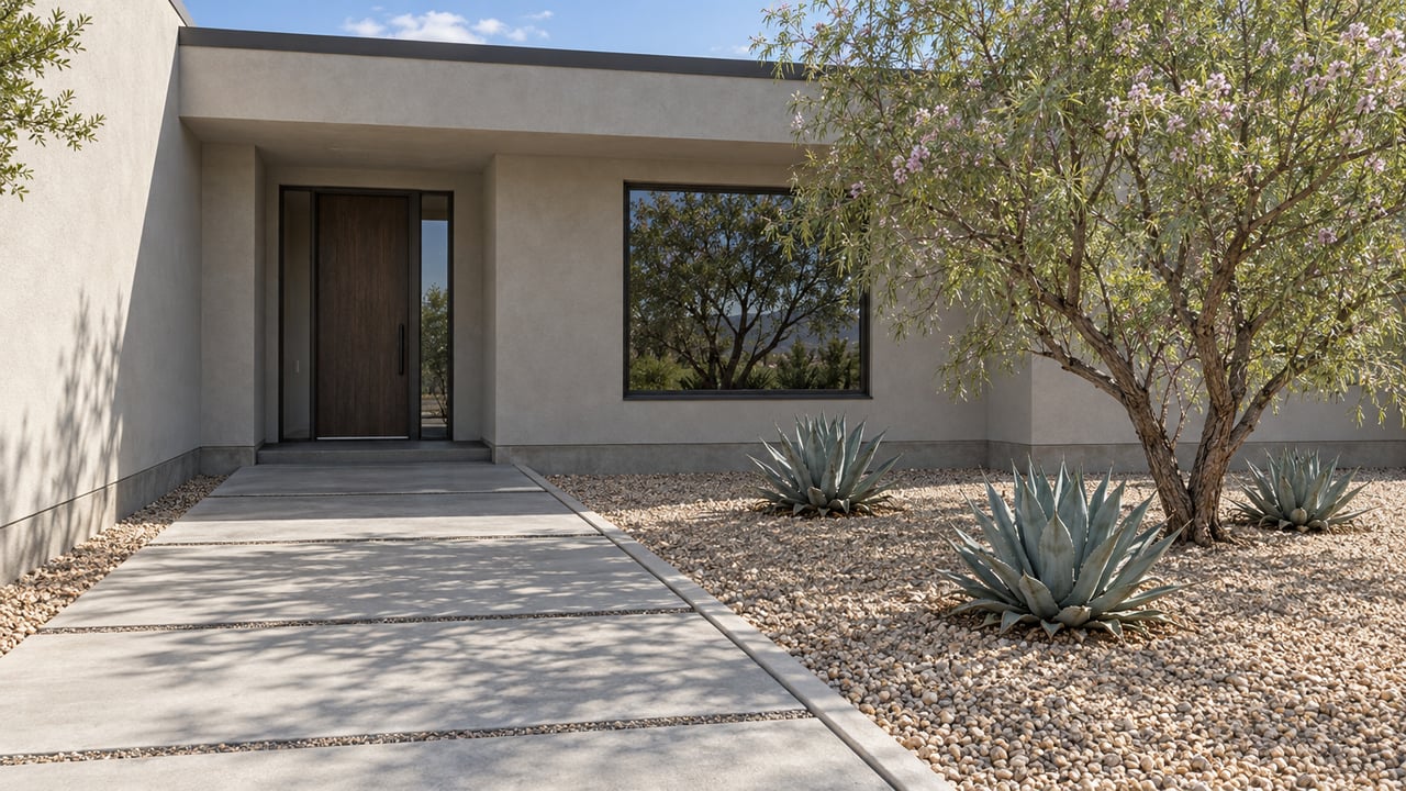 Contemporary stucco home with a recessed wood entry, bronze-framed window, gray concrete approach, desert willow and three blue agaves in gravel.