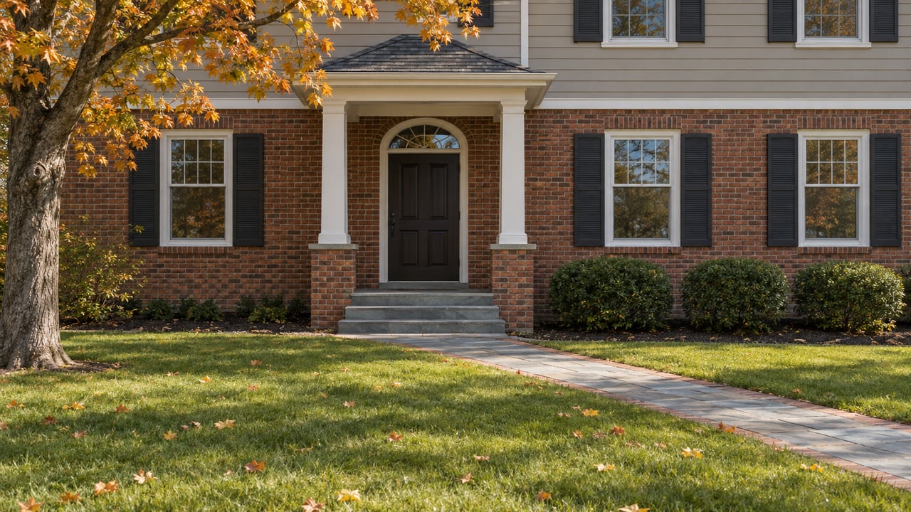 Autumn sunlight on a brick and taupe-sided home with a white entry portico, bluestone walk and amber maple beside a broad lawn.