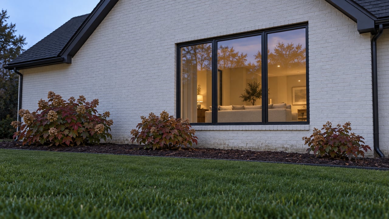 White-painted brick home with a steep gable and warmly lit black-framed picture window above a lawn and autumn oakleaf hydrangeas at dusk.