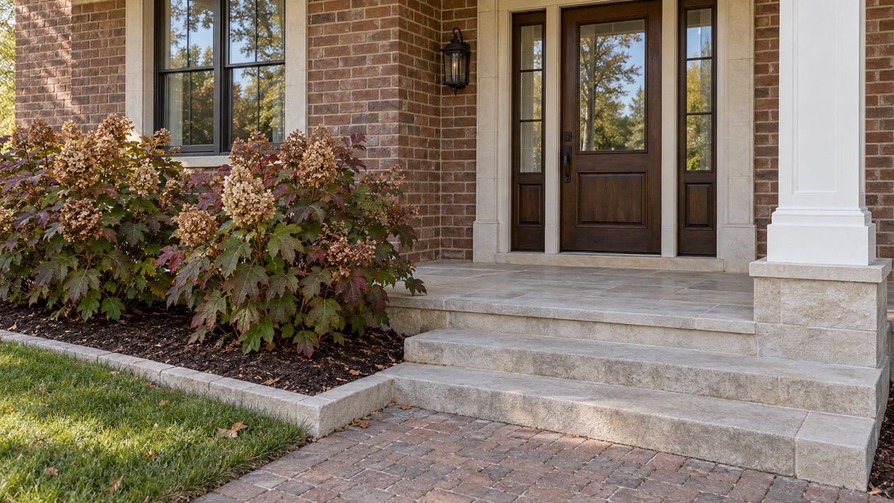 Brick home entry with limestone steps, a glazed oak door and autumn oakleaf hydrangeas.
