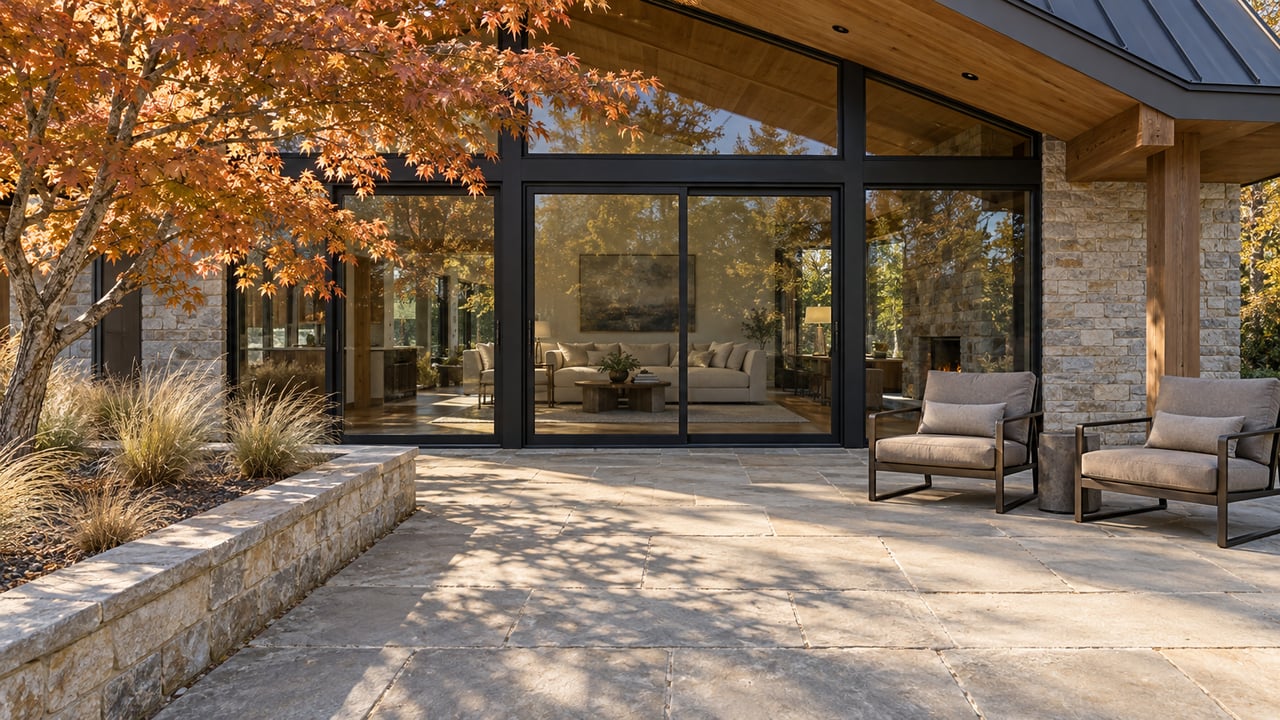Elevated view across a sandstone terrace toward cedar eaves, limestone walls and closed glass doors, with outdoor chairs and an autumn maple in a raised stone planting bed.