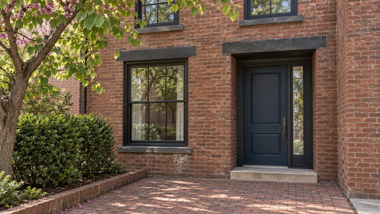 Attached red-brown brick home with a navy door, paved entry, and leafy tree canopy.