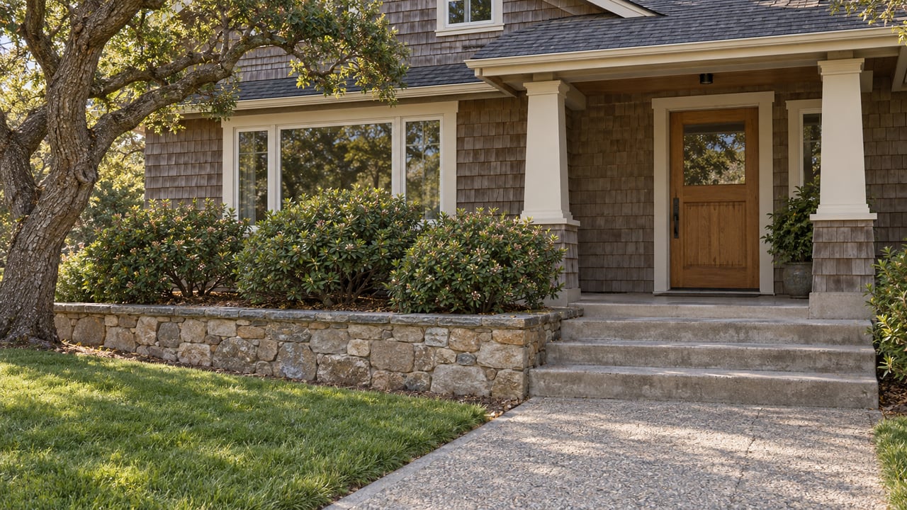 Sunlit shingle-sided home with an oak entry door, broad concrete steps, stone terrace wall and mature oak canopy.