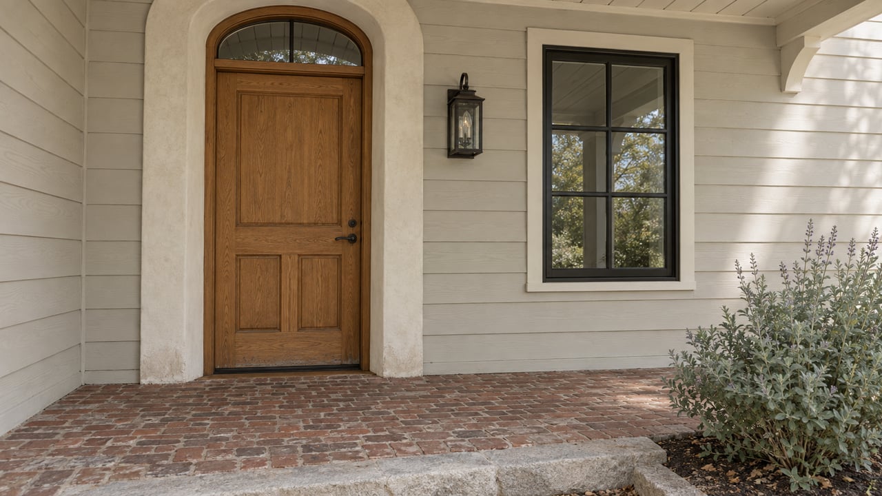 A covered cottage entry with an oak door, arched glazed transom, pale lap siding and a brick porch bordered by stone and gray-green sage.