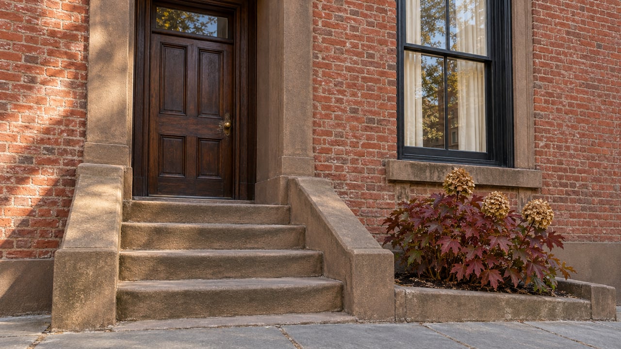 Afternoon light on a red-brick townhouse entrance, worn sandstone steps, and burgundy oakleaf hydrangea.