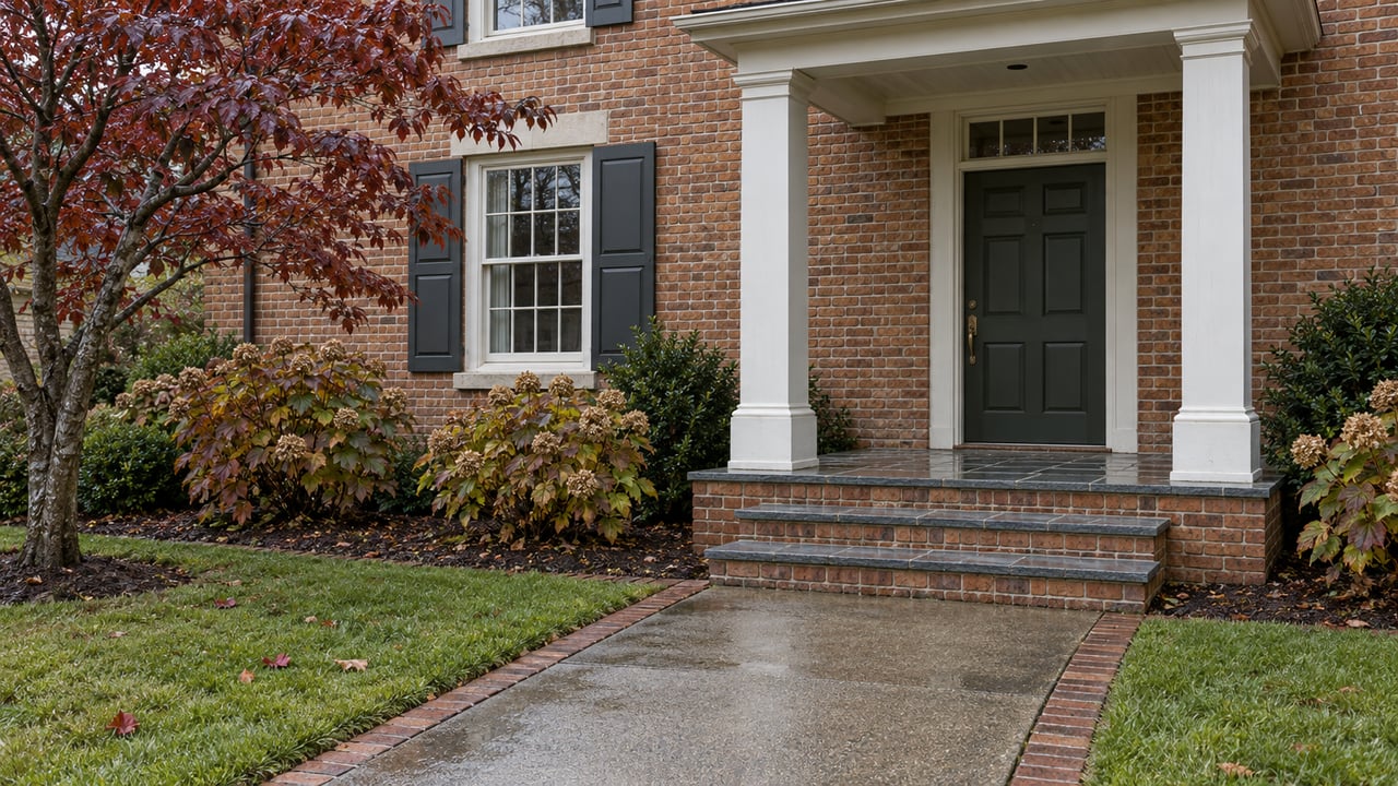 Sheltered entrance of a traditional brick house with white porch columns, bluestone steps and burgundy dogwood foliage after rain.