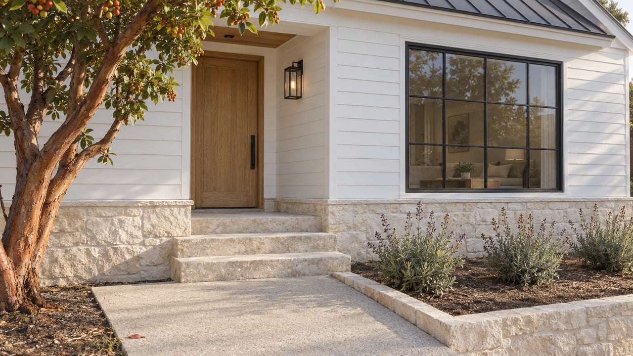 White-sided home with a recessed oak door, limestone steps and black-framed window beside a sculptural strawberry tree and sage planting.