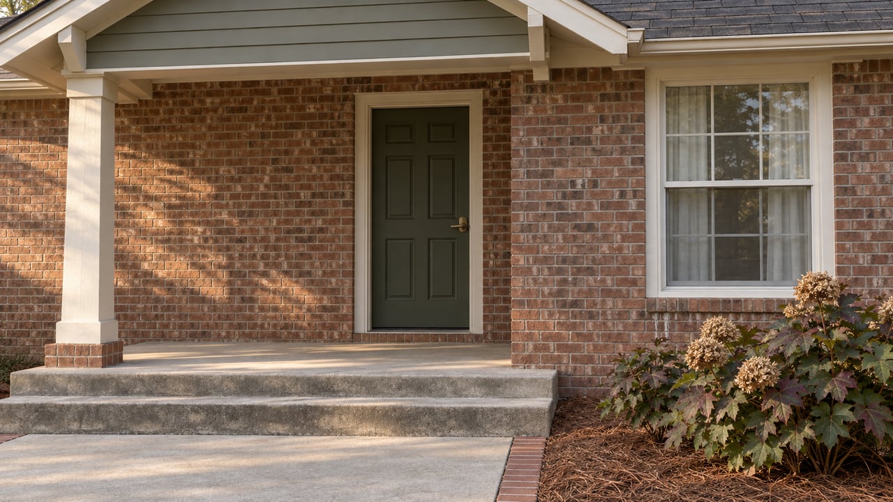 Warm brick house entry with olive door, cream porch trim, concrete steps and burgundy oakleaf hydrangea.