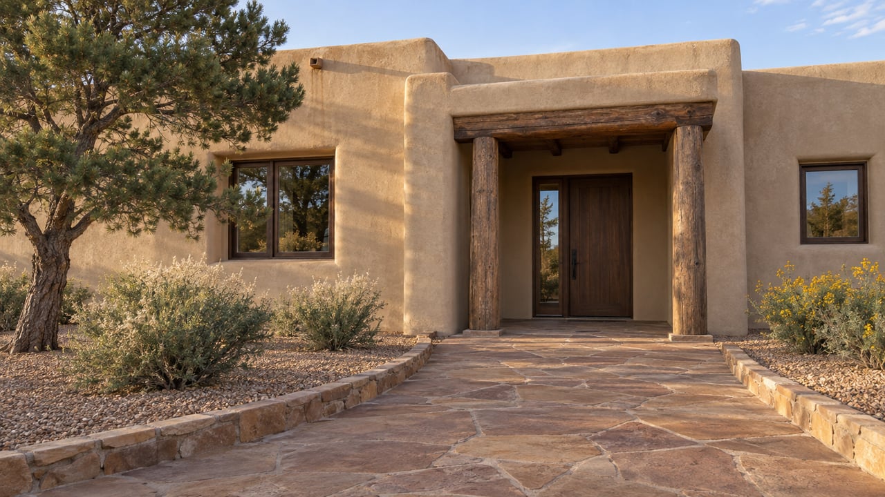 Buff plaster home with a timber entrance portal, sandstone approach, and individually spaced dry-climate specimen plantings.