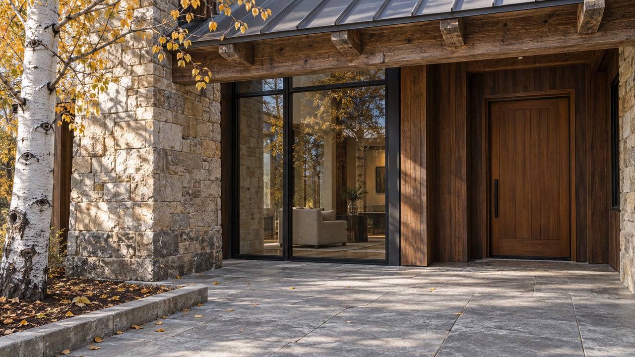 Autumn light falls across a limestone entry terrace, timber eaves, and tall enclosed glazing beside a golden-leaved aspen.