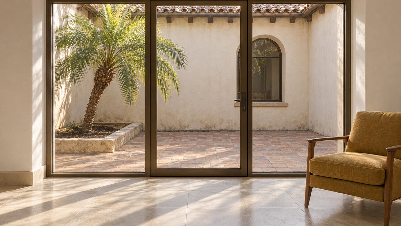 Sunlit sitting room with ivory tile, a mustard armchair, and closed glass doors overlooking a terracotta-paved stucco courtyard with one palm.
