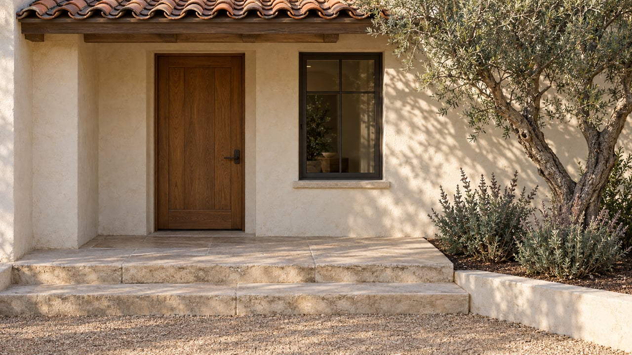 Sunlit stucco home entry with an oak door, clay tile porch roof, limestone steps and a mature olive tree.