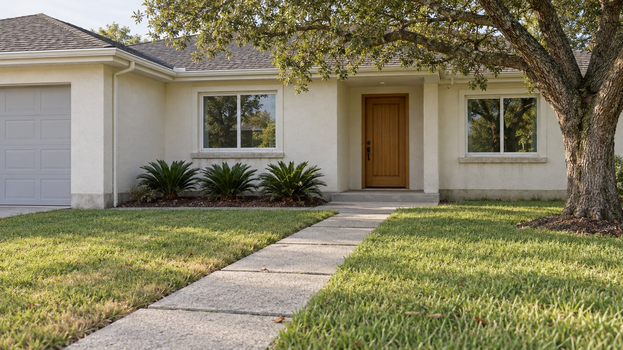A sunlit stucco home with a timber front door, broad lawn, concrete approach and a mature spreading oak.