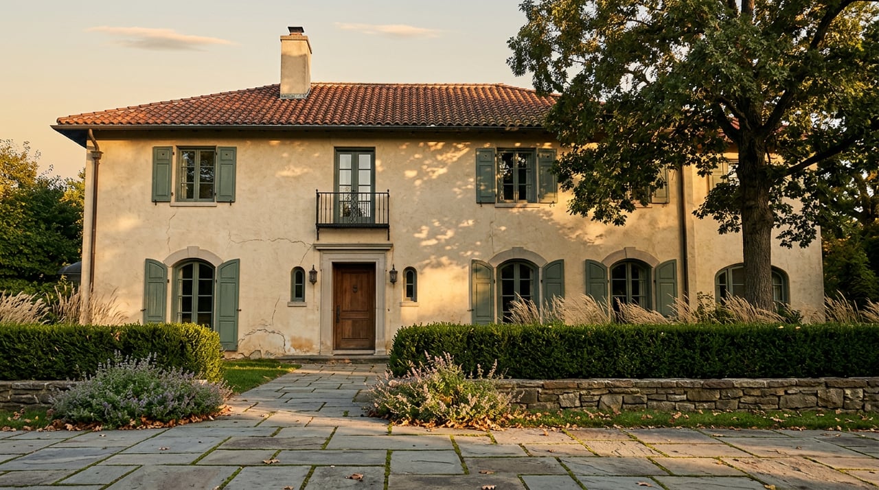 Two-story ochre stucco residence with terracotta roof, green shutters, and a bur oak beside the bluestone walkway.
