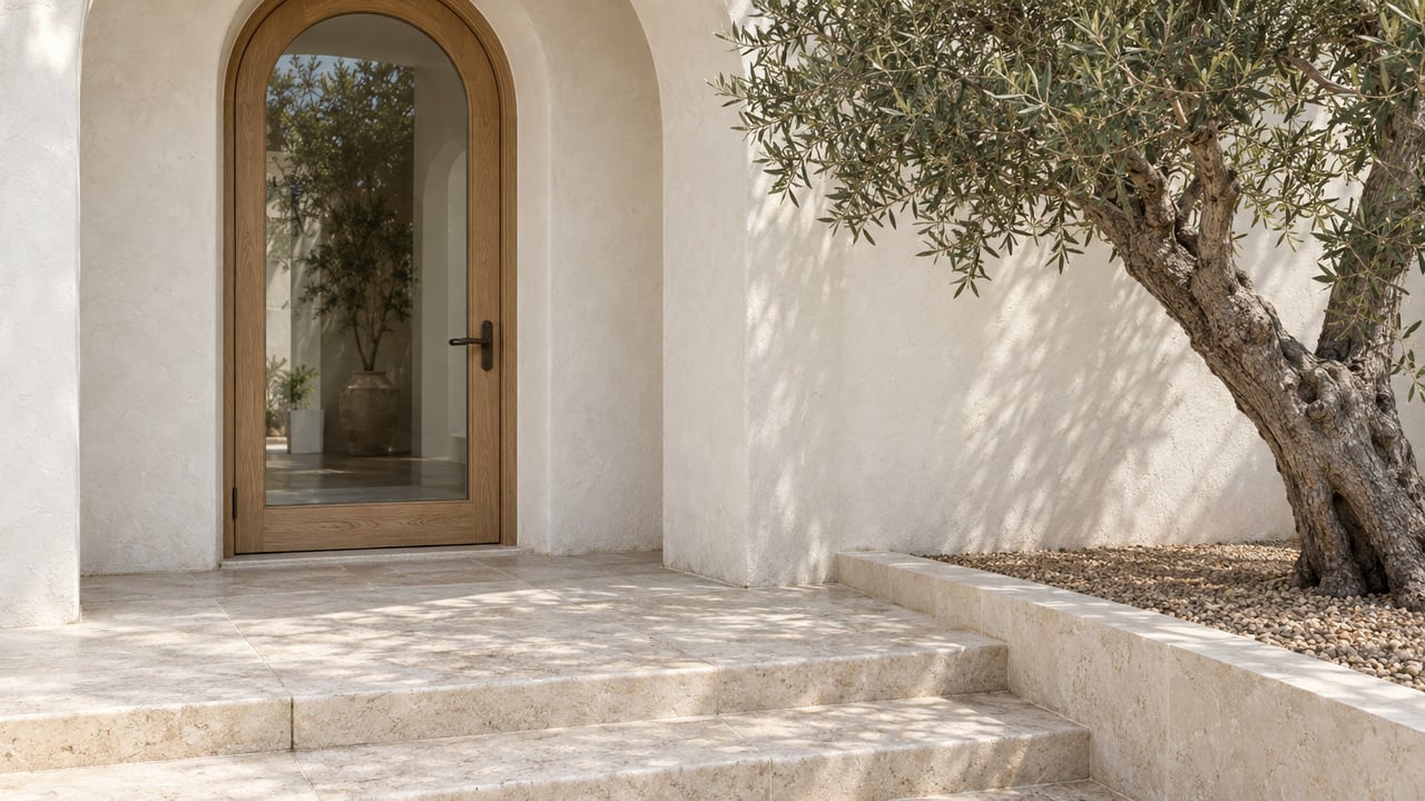 Sunlit plaster entry with an arched glazed oak door, worn limestone steps, and a sculptural olive tree.