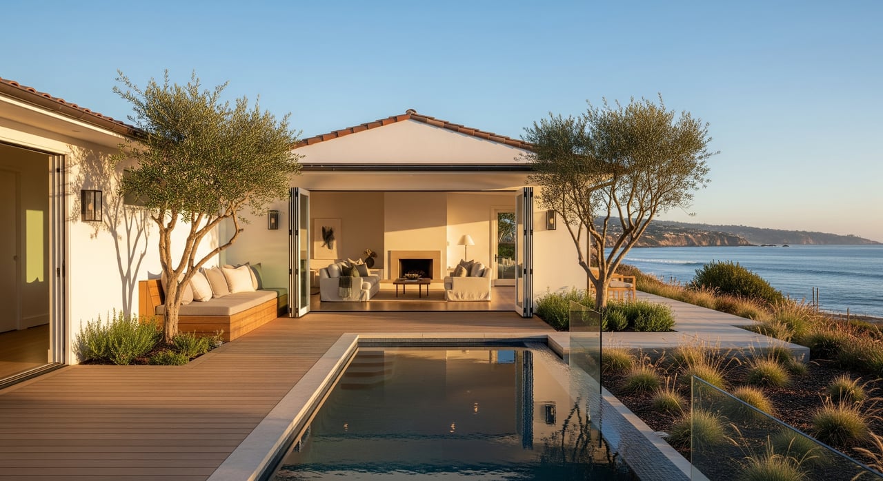 Modern glass-fronted home opens onto a narrow pool and deck overlooking the sea.