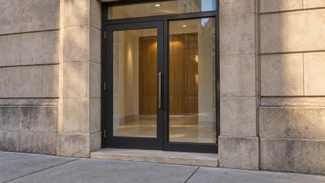 Close architectural view of a limestone apartment entrance with charcoal steel-framed glass, a bronze pull, and a worn stone threshold above a concrete sidewalk.