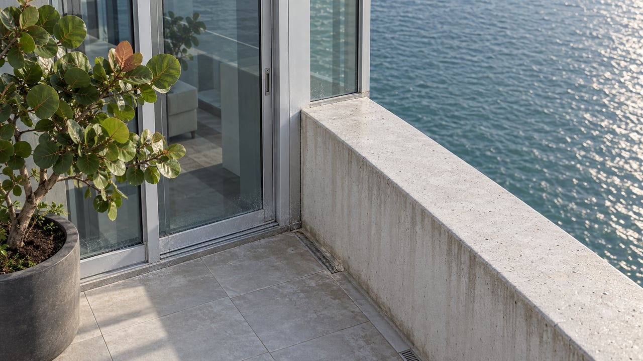 A pale concrete condominium terrace with aluminum-framed glazing and one sea grape specimen overlooking teal-blue water.