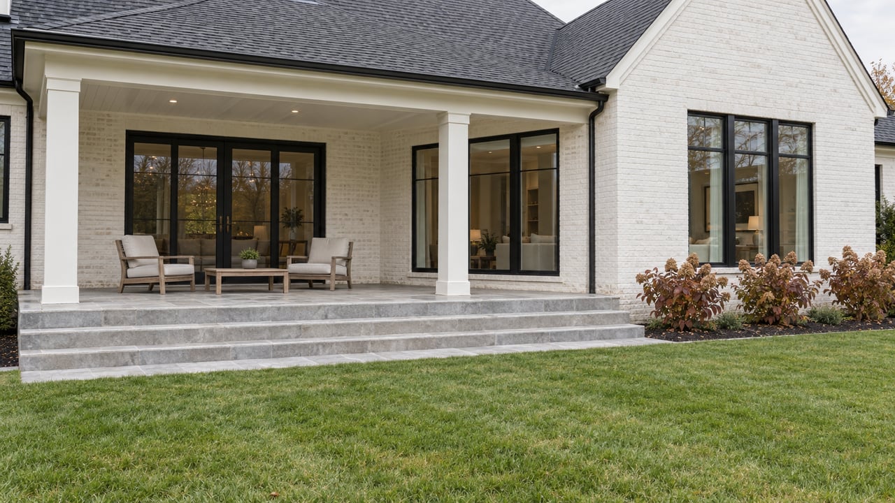 White painted-brick home with a covered limestone terrace, teak chairs and autumn oakleaf hydrangeas beyond a broad lawn.