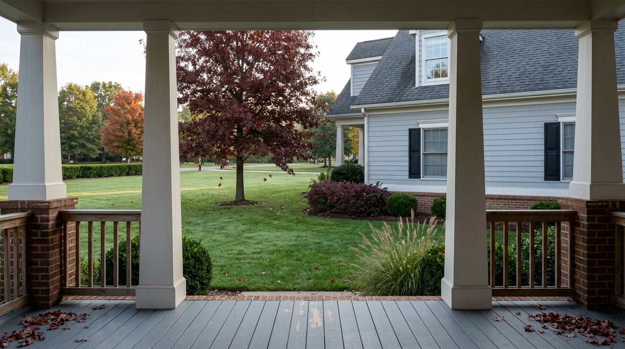Wood porch columns frame a broad lawn, crimson Japanese maple, and red-orange street trees.