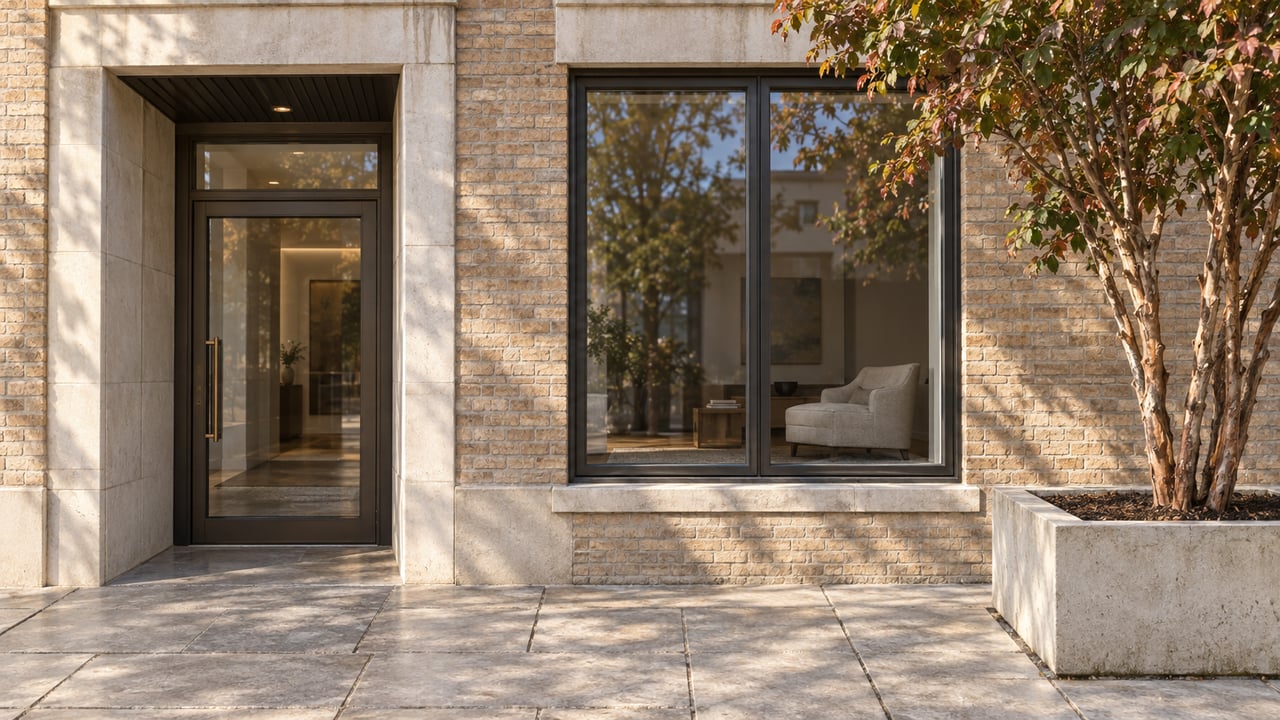 Buff brick loft entrance with bronze-framed glass, limestone paving and a crape myrtle in a raised stone planter.
