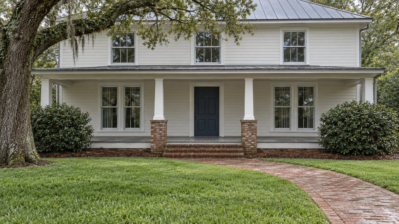 A warm-white clapboard home with a covered porch, navy front door and brick approach beneath a mature oak after rain.