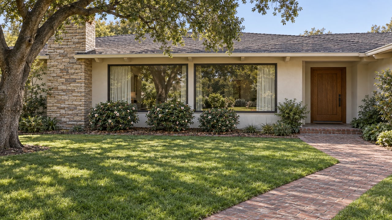 A low cream-stucco home with broad eaves, picture windows and a brick approach across a deep lawn beside a mature oak.