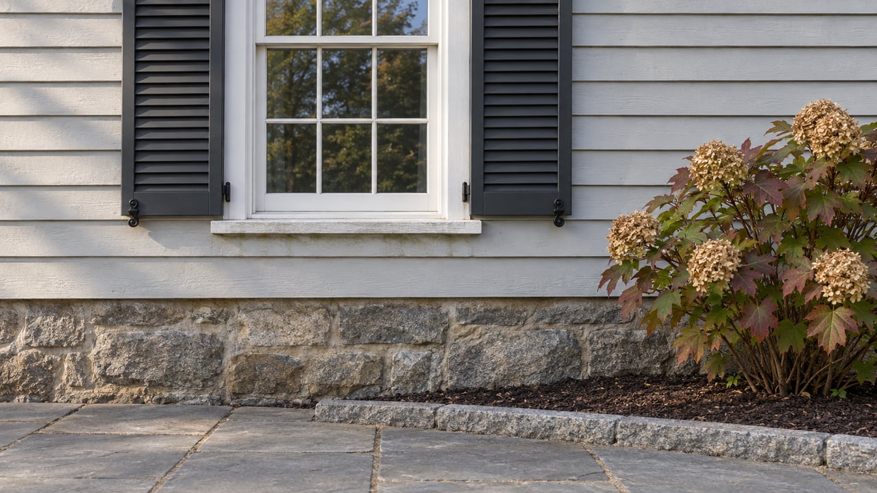 Autumn morning light on pale clapboard siding, a white sash window with dark shutters, and a granite foundation beside an oakleaf hydrangea.