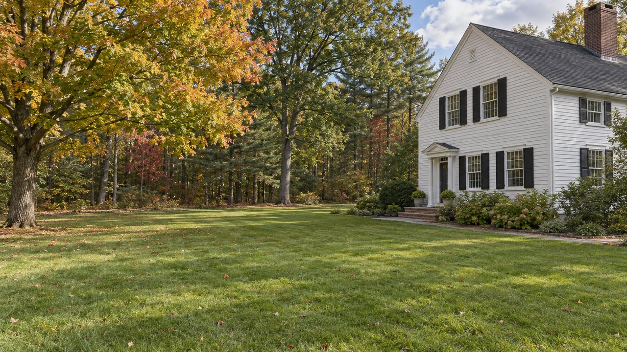 White clapboard house beside a broad lawn, with amber and green trees along the woodland edge.
