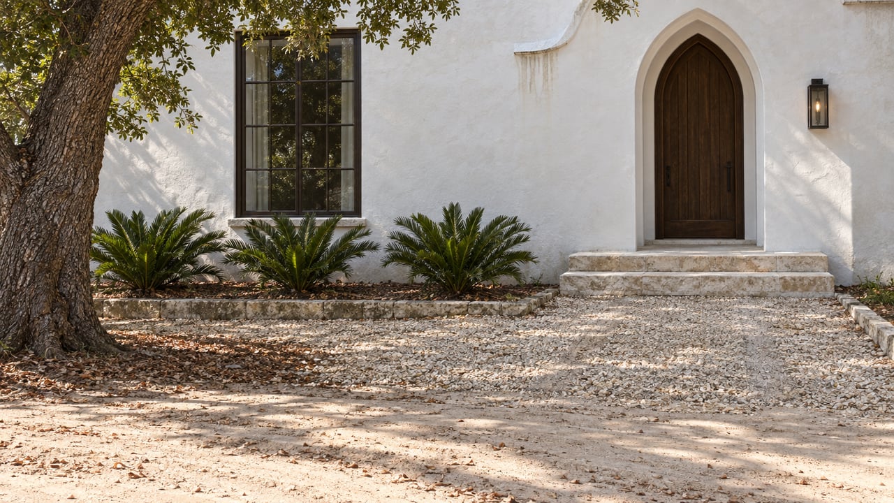 White stucco house with arched wooden door, limestone steps, and shell driveway beside a sandy lane and oak tree.