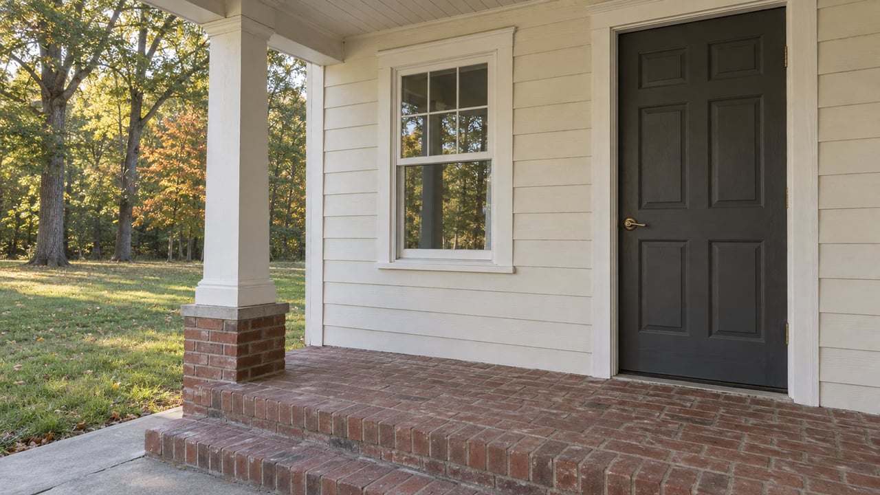 Covered entry with ivory wood siding, a charcoal paneled door, worn brick steps and a glimpse of a broad lawn and autumn trees.