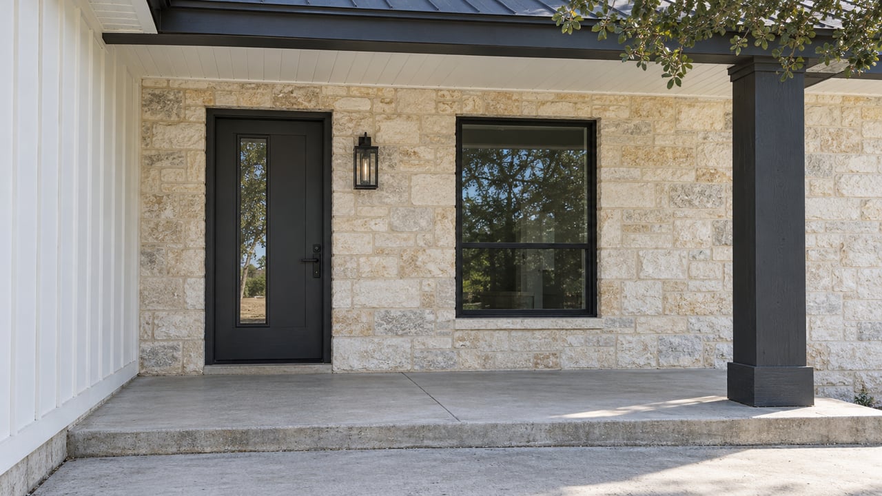 Close view of a covered entry with cream limestone, white board-and-batten siding, a charcoal door and post, and a broad concrete step.
