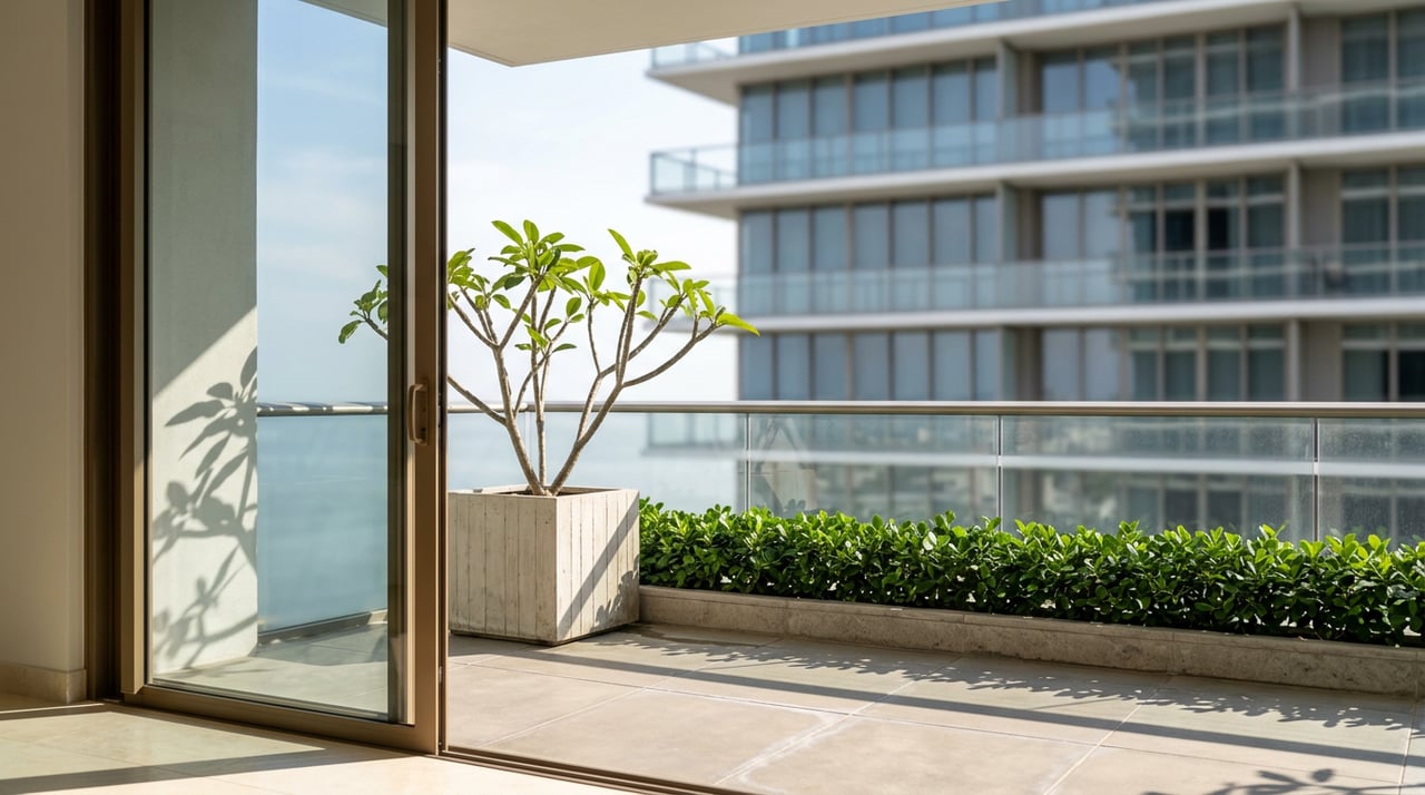 Condominium lanai with a plumeria in a concrete planter, glass railing, and blurred neighboring tower.