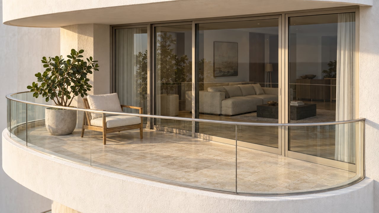 Curved condo balcony with a clear glass railing, teak lounge chair, potted Clusia, and sliding doors.