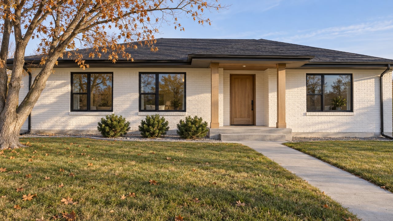 Updated white-painted brick home with black window frames, a recessed oak entry and a broad autumn lawn beneath a copper-leaved maple.
