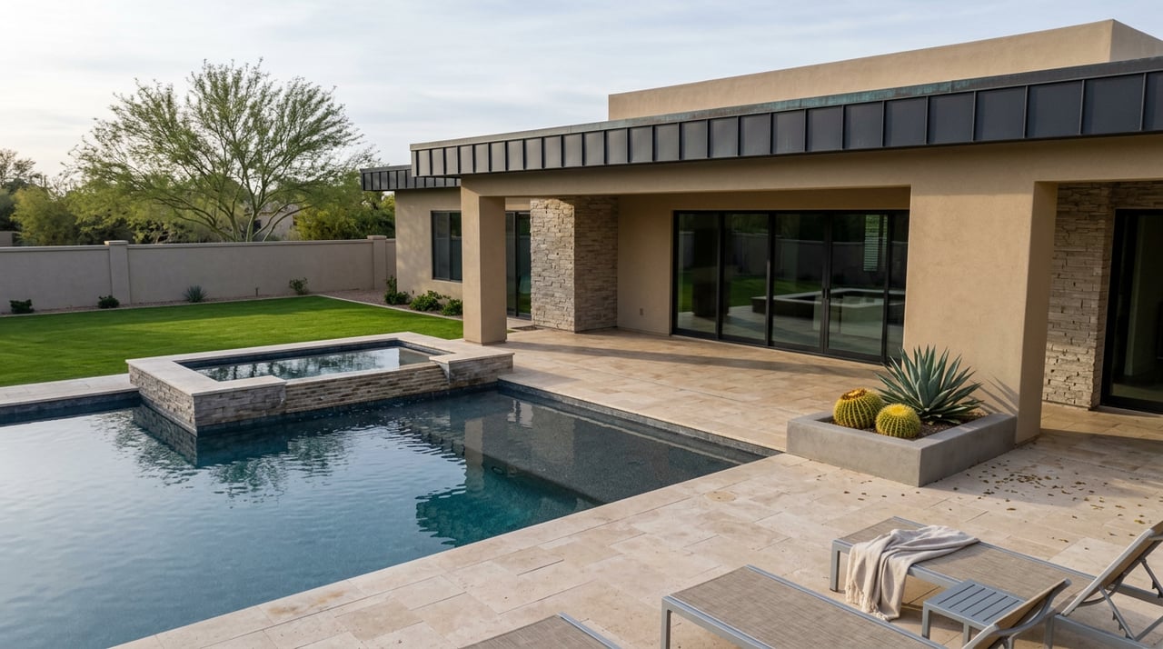 Travertine terrace with a dark pool, raised stone spa, glass-doored loggia, and a palo verde tree.
