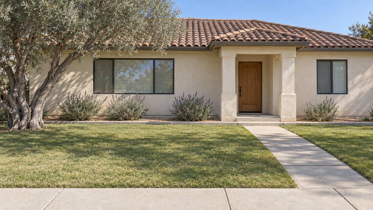 A low stucco home with a terracotta tile roof, silver-leaved olive tree, deep front lawn and concrete sidewalk in clear morning light.