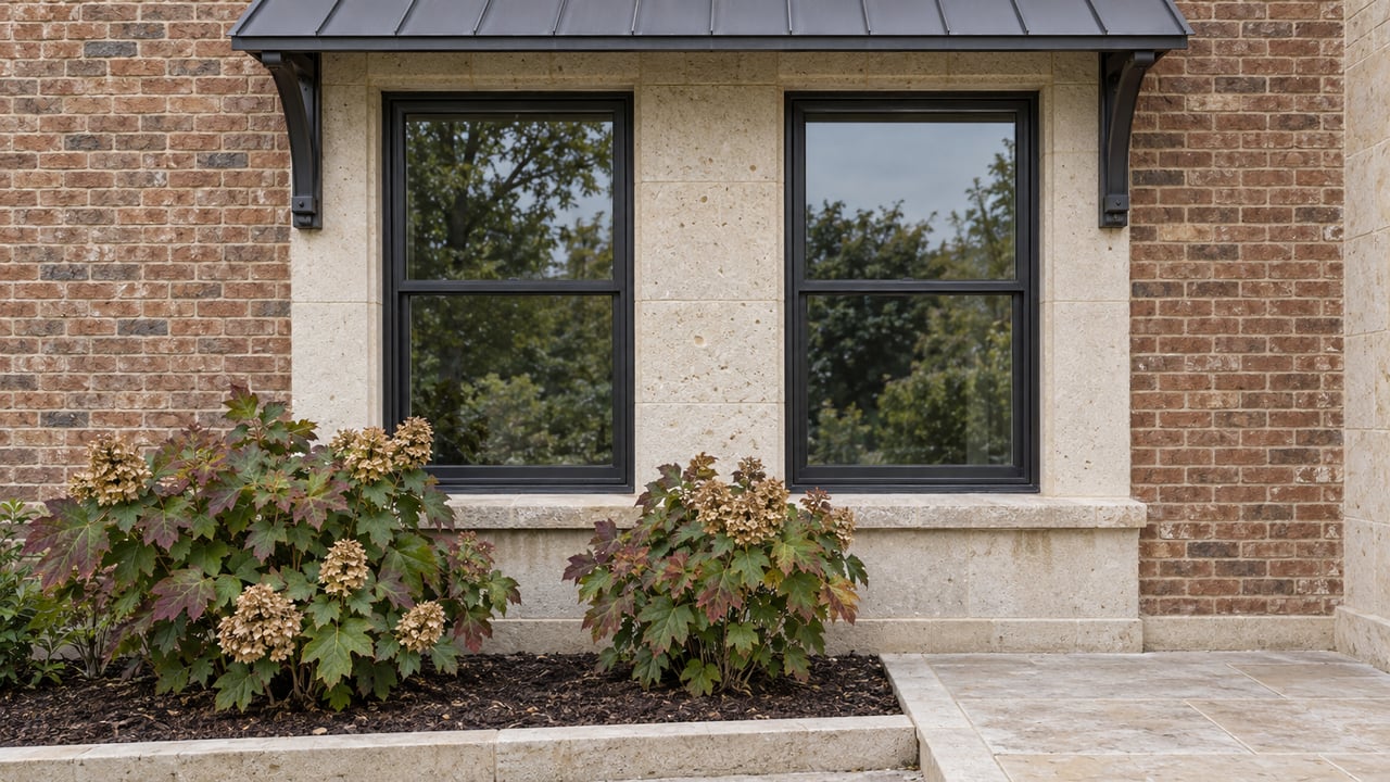 Two dark-framed windows beneath a metal awning in a brick and limestone facade, with oakleaf hydrangeas beside a stone walk.